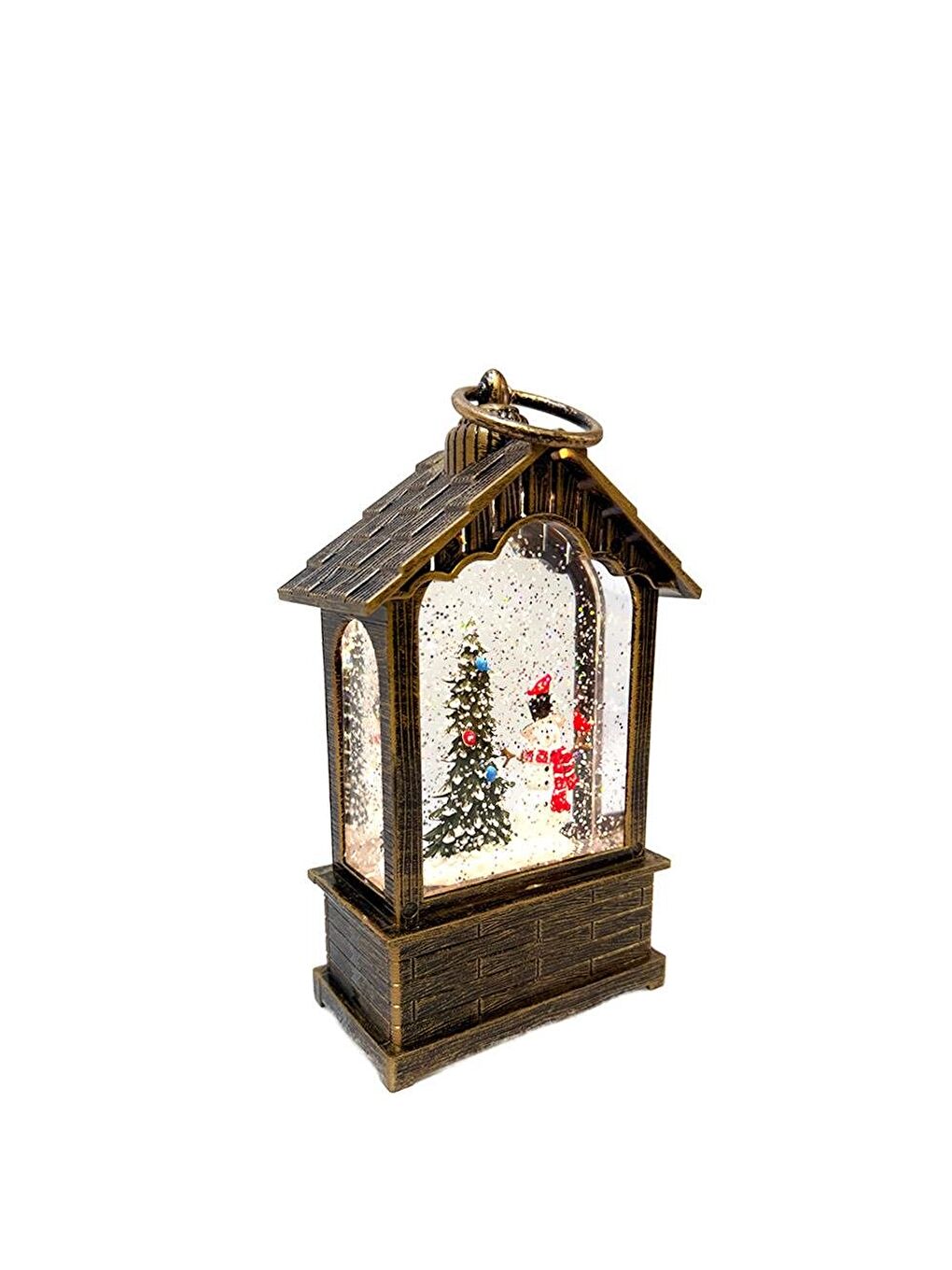 Kahverengi Yılbaşı Kardan Adam Hediyelik Kar Küresi Fener Tasarımlı (Işıklı & Müzikli) 20 cm-3