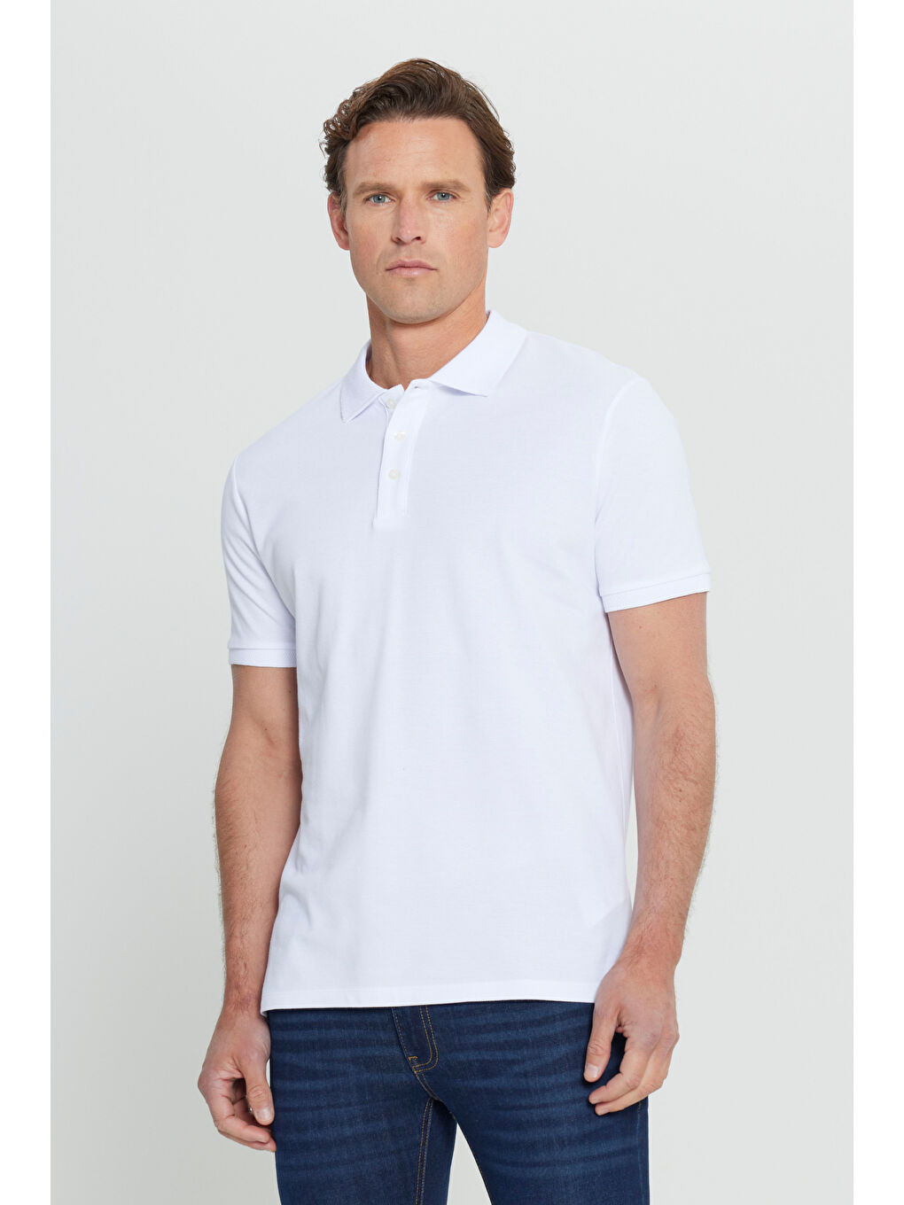Erkek Beyaz Slim Fit Dar Kesim Polo Yaka %100 Pamuk Kısa Kollu Tişört
