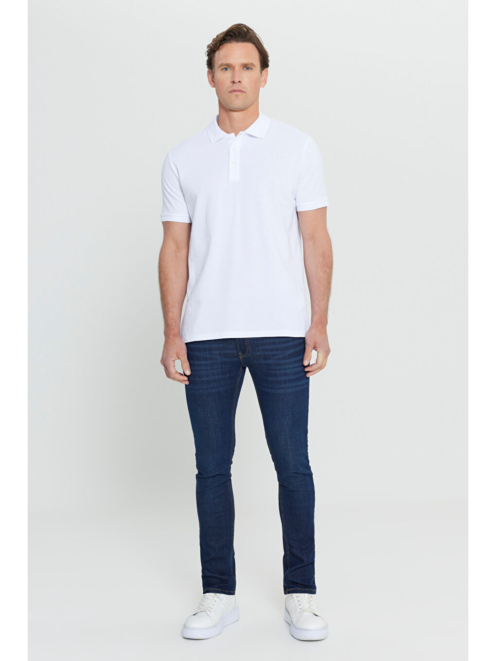 Erkek Beyaz Slim Fit Dar Kesim Polo Yaka %100 Pamuk Kısa Kollu Tişört-2