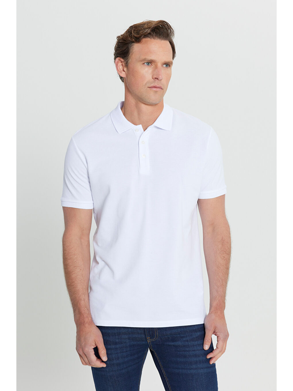 Erkek Beyaz Slim Fit Dar Kesim Polo Yaka %100 Pamuk Kısa Kollu Tişört-3