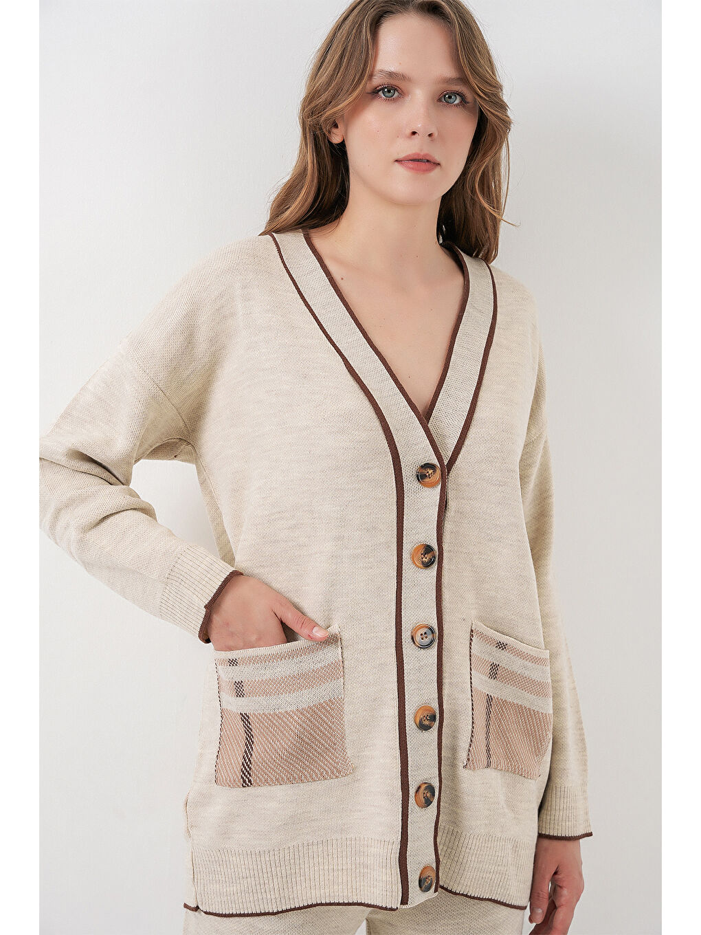 Kadın Cepli Hırka Triko İkili Takım 15964 - Ekru-2