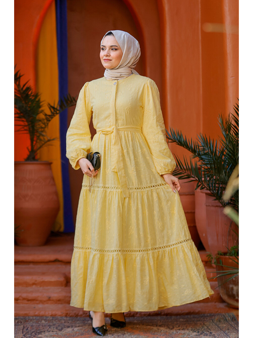 Kadın Krem Nakış Detaylı Jakar Elbise Sarı-1