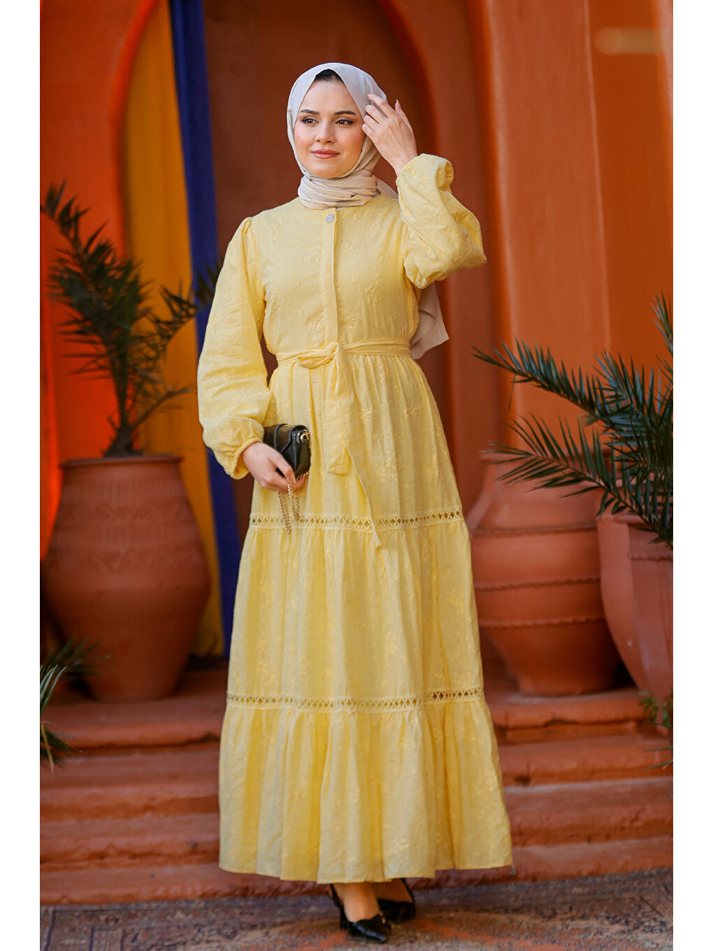 Kadın Krem Nakış Detaylı Jakar Elbise Sarı-2