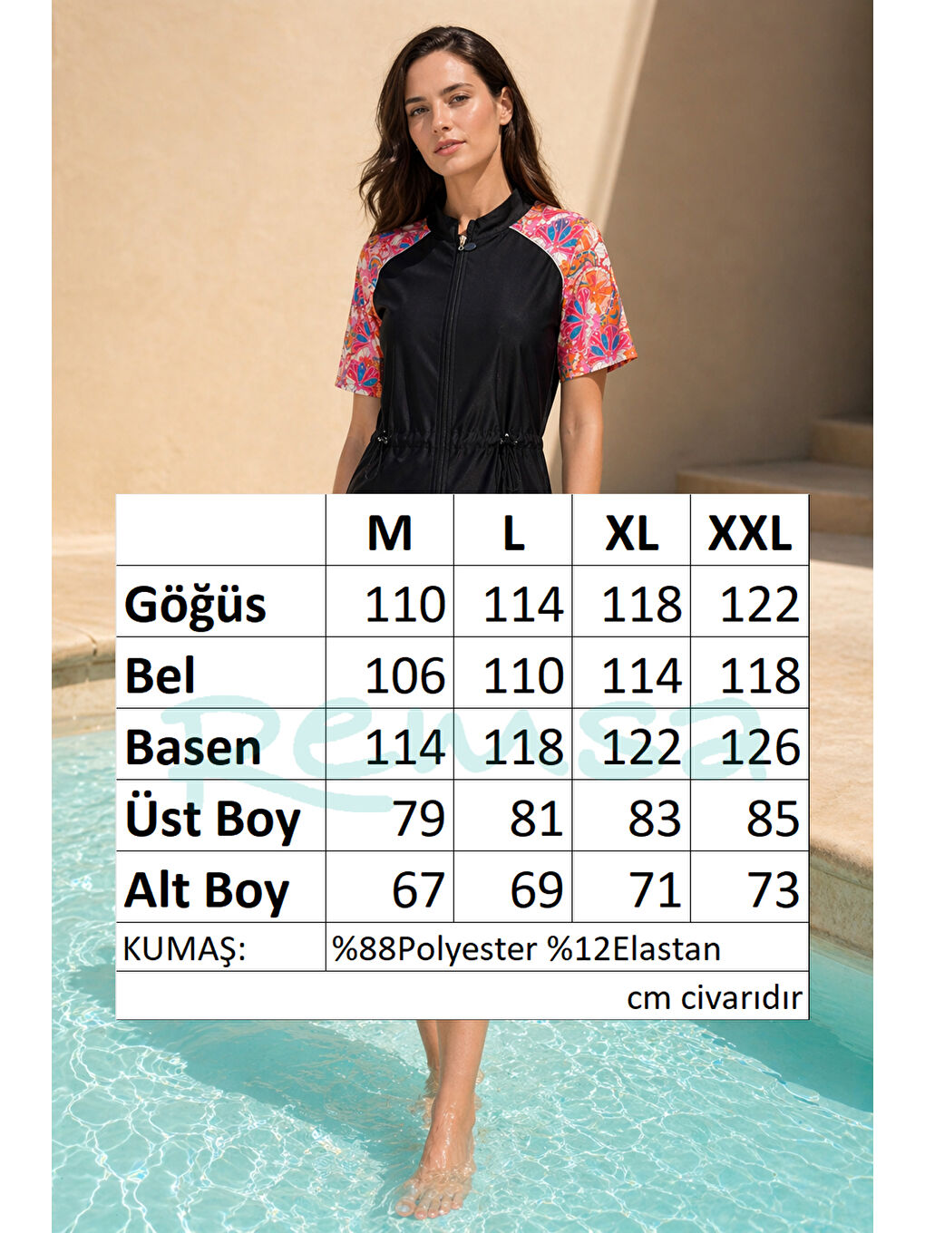 Siyah Önü Kapaklı Paraşüt Kısa Kollu Yarı Kapalı Mayo R302-4