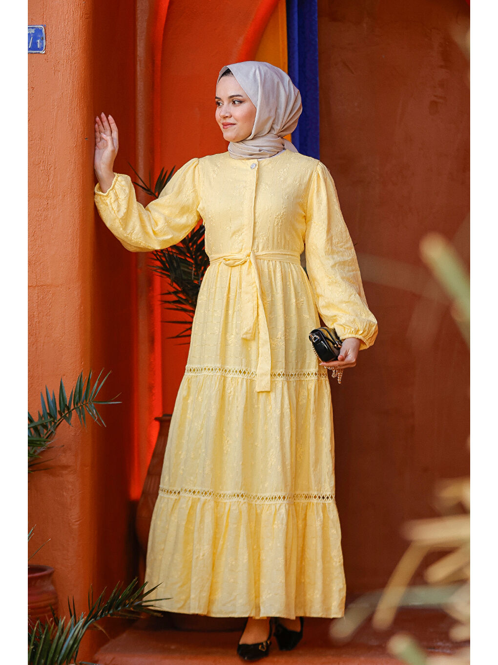 Kadın Krem Nakış Detaylı Jakar Elbise Sarı-4