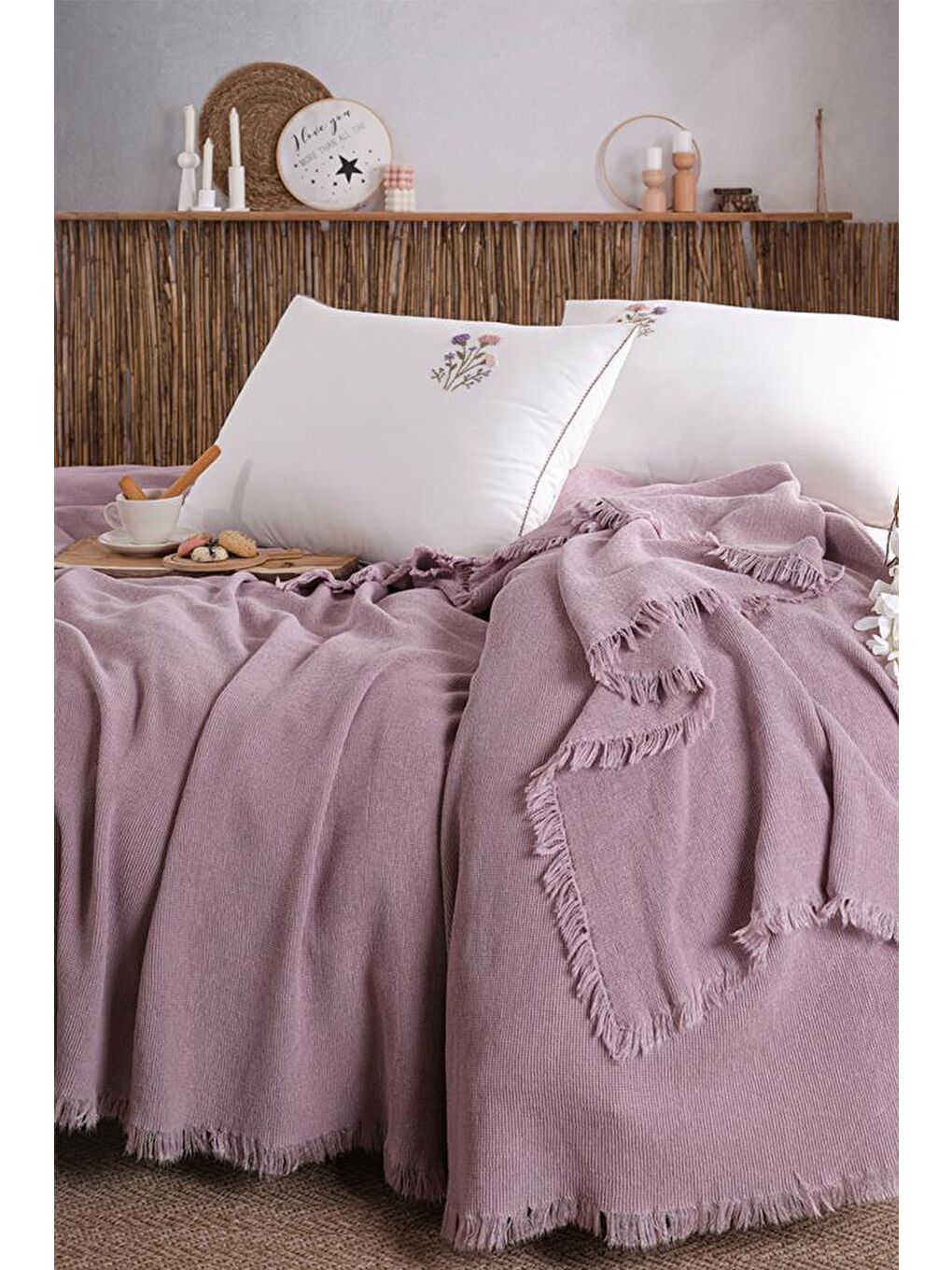 Pembe Missera 4 Parça Çift Kişilik Pike Takımı Rose-1