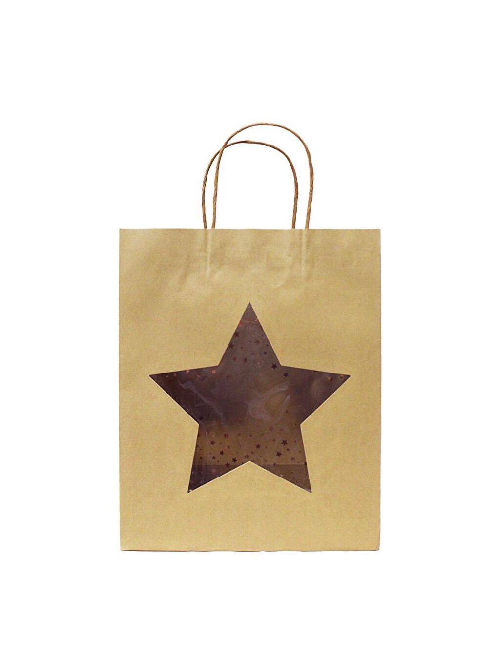 Kahverengi Karton Çanta Yıldız Pencereli Alışveriş Çantası Hediye Çantası Kraft 26x32x12 cm 20'li-2