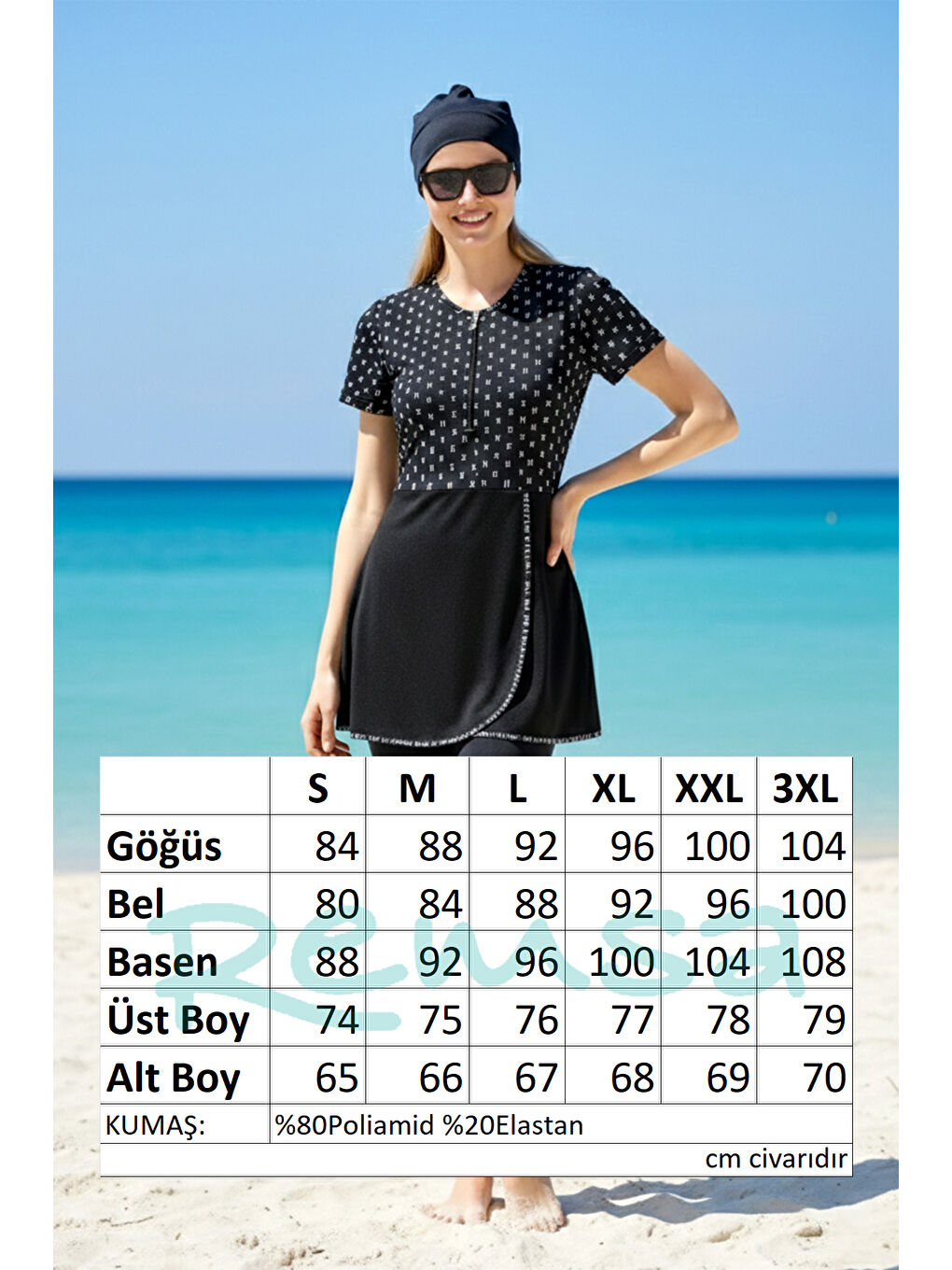 Siyah Kısa Kollu Elastanlı Yarı Kapalı Mayo Monogram R305-3