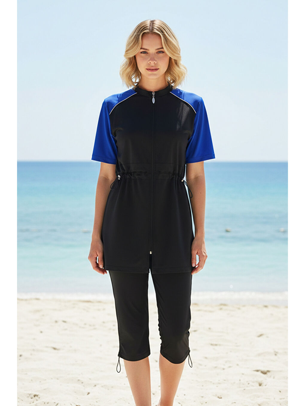 Siyah Önü Kapaklı Paraşüt Kısa Kollu Yarı Kapalı Mayo R303