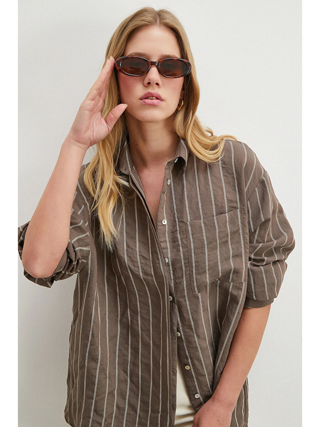 Karışık Çizgili Cepli Modal Gömlek Kahve-2