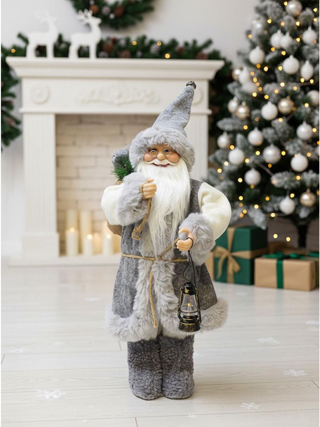 Yılbaşı Dekoru Gri Kürklü Noel Baba Figürlü Süsleme Aksesuarı 45 Cm