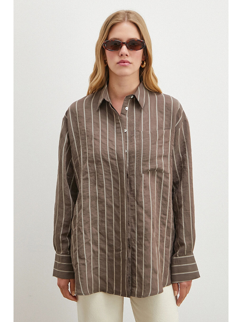 Karışık Çizgili Cepli Modal Gömlek Kahve-3