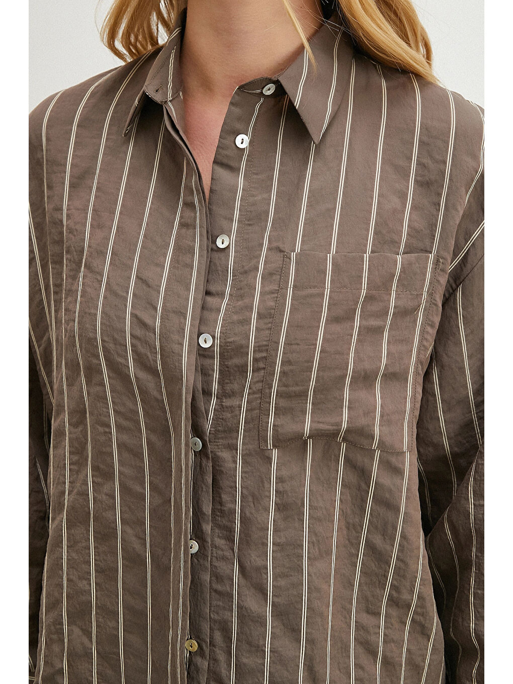 Karışık Çizgili Cepli Modal Gömlek Kahve-4