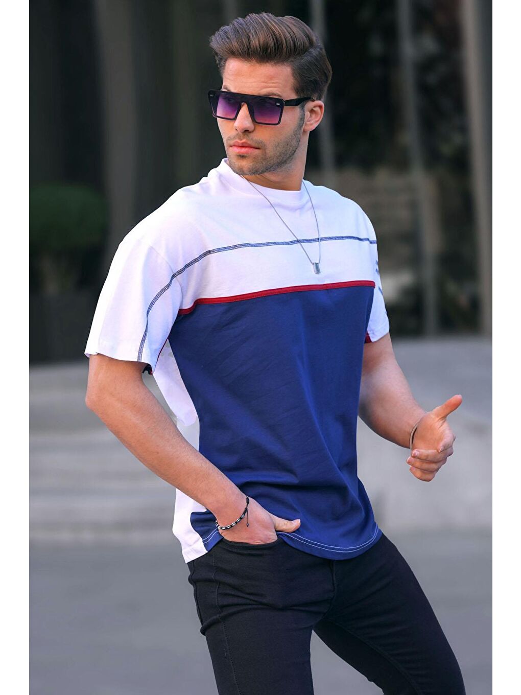 Ekru Renk Bloklu Erkek Tişört 5826