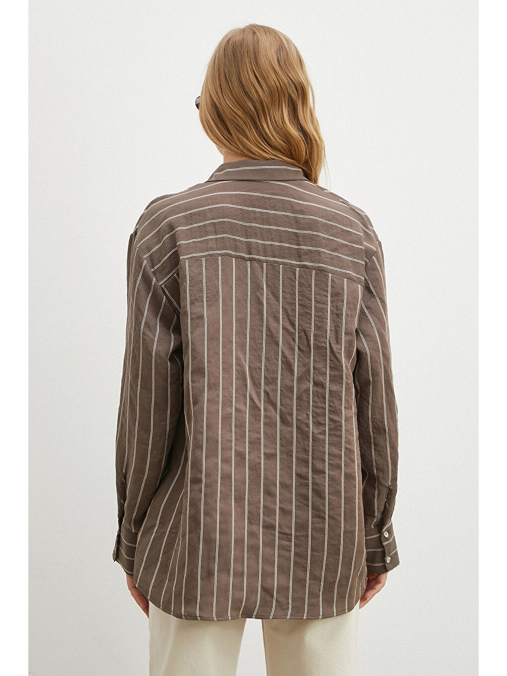 Karışık Çizgili Cepli Modal Gömlek Kahve-5