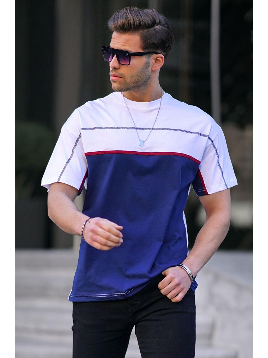 Ekru Renk Bloklu Erkek Tişört 5826-1