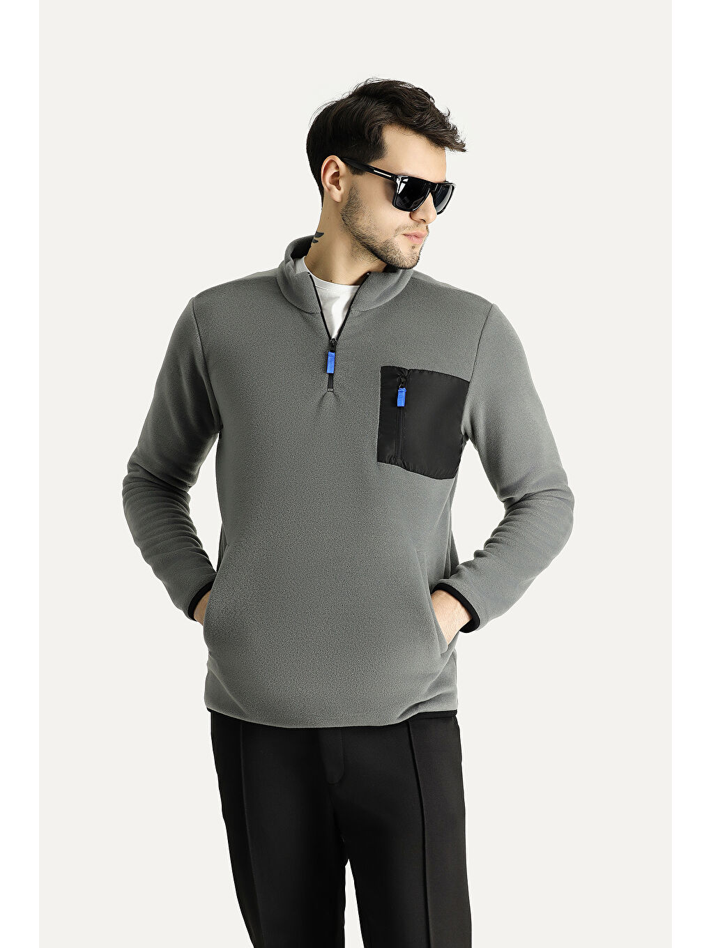 Gri Yarım Fermuarlı Polar Büyük Beden Sweatshirt