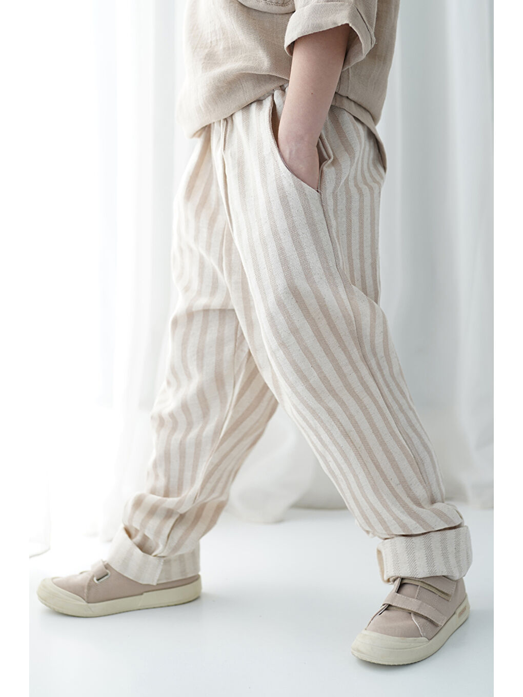 Ekru Carrot Pantolon Vizon Çizgili Keten-2