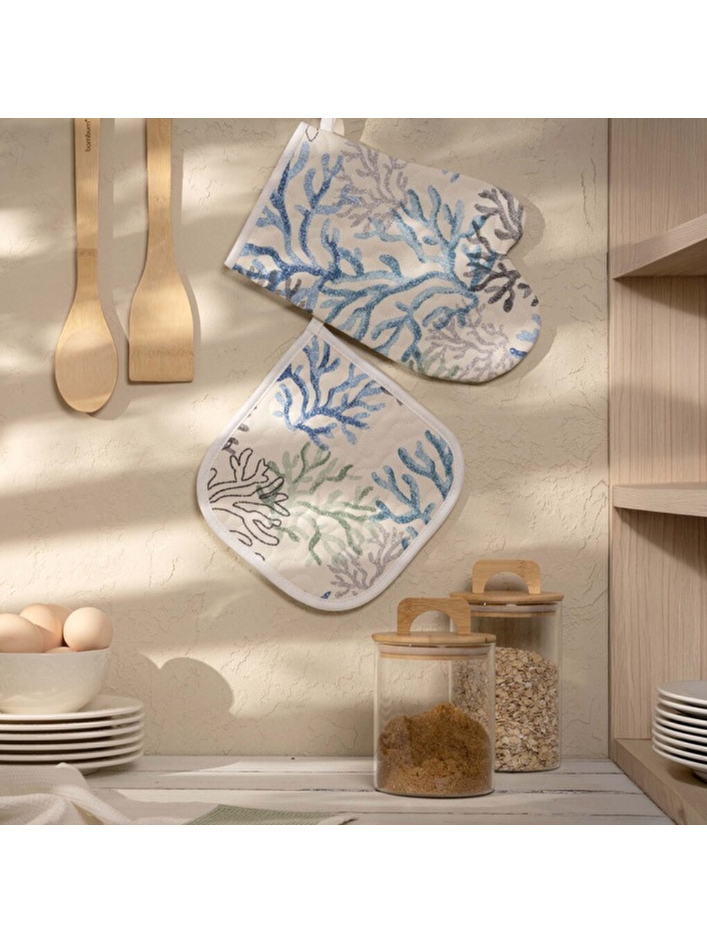 Soft Mercan Fırın Eldiveni ve Tutaç Set - Ekru - 17x28 cm + 20x20 cm-2