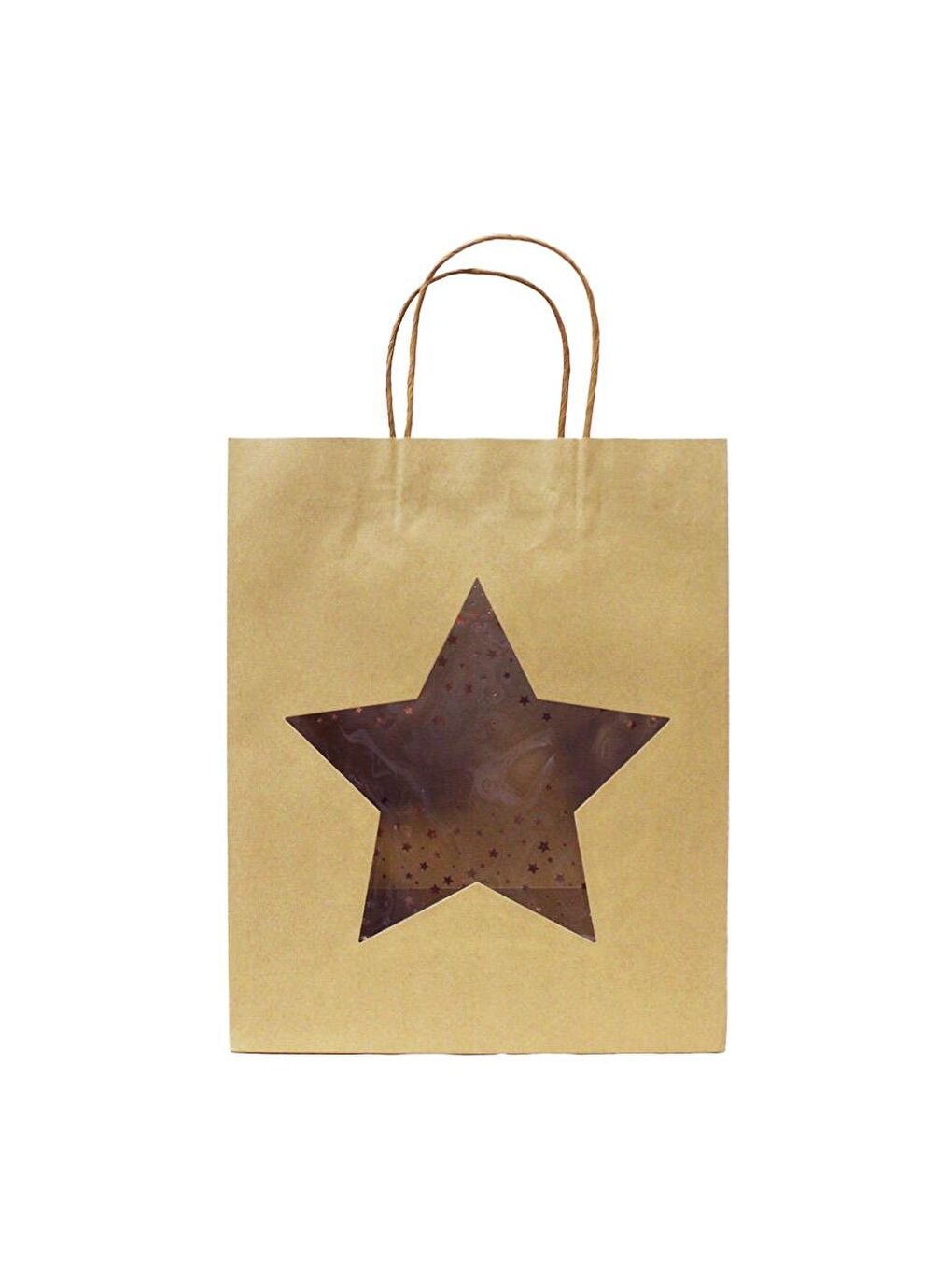 Kahverengi Karton Çanta Yıldız Pencereli Alışveriş Çantası Hediye Çantası Kraft 26x32x12 cm-1