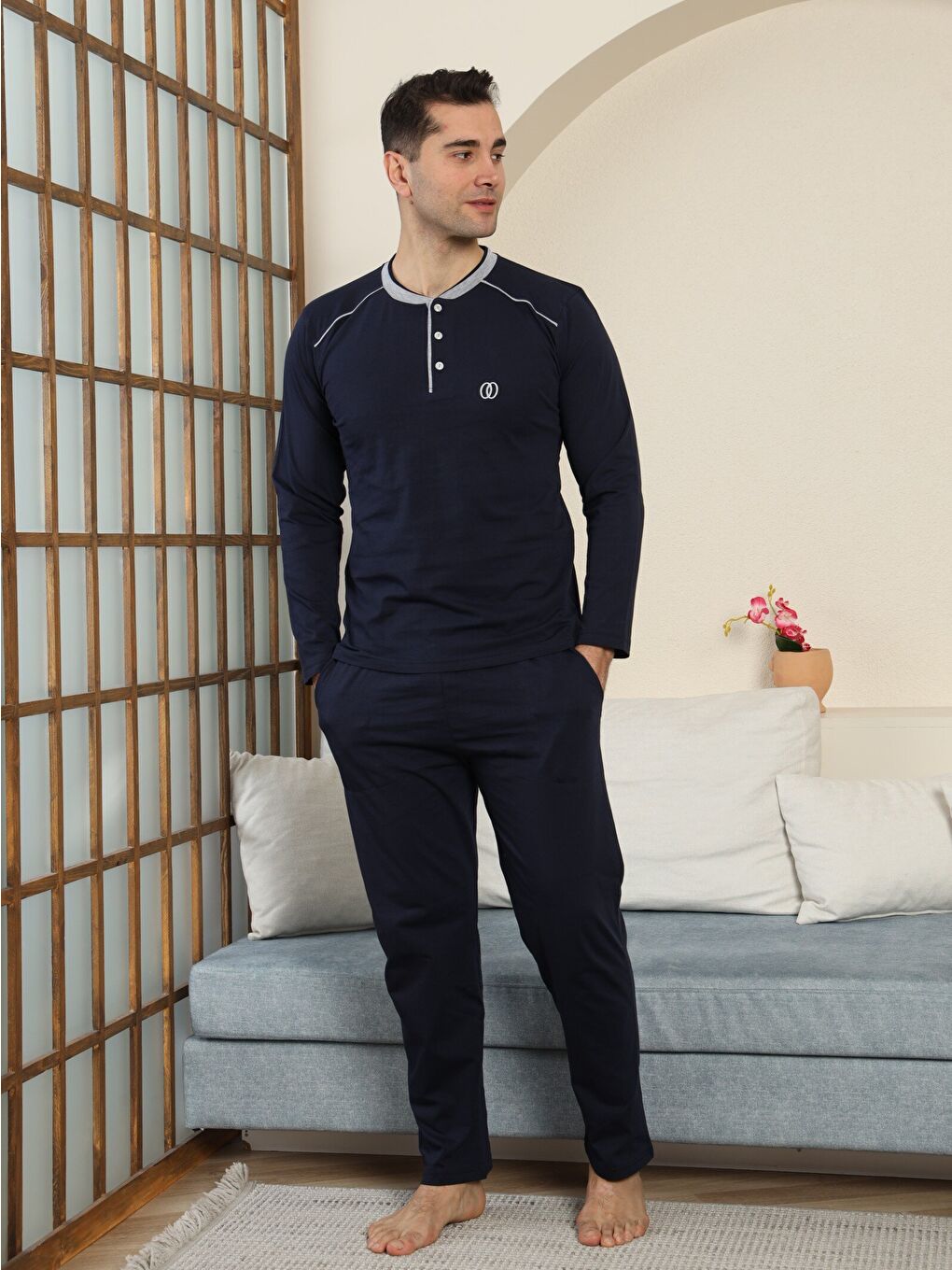 Lacivert PREMIUM Erkek %100 Doğal Pamuk Biyeli Yüksek Kaliteli Düğmeli Uzun Kollu Pijama Takımı-1