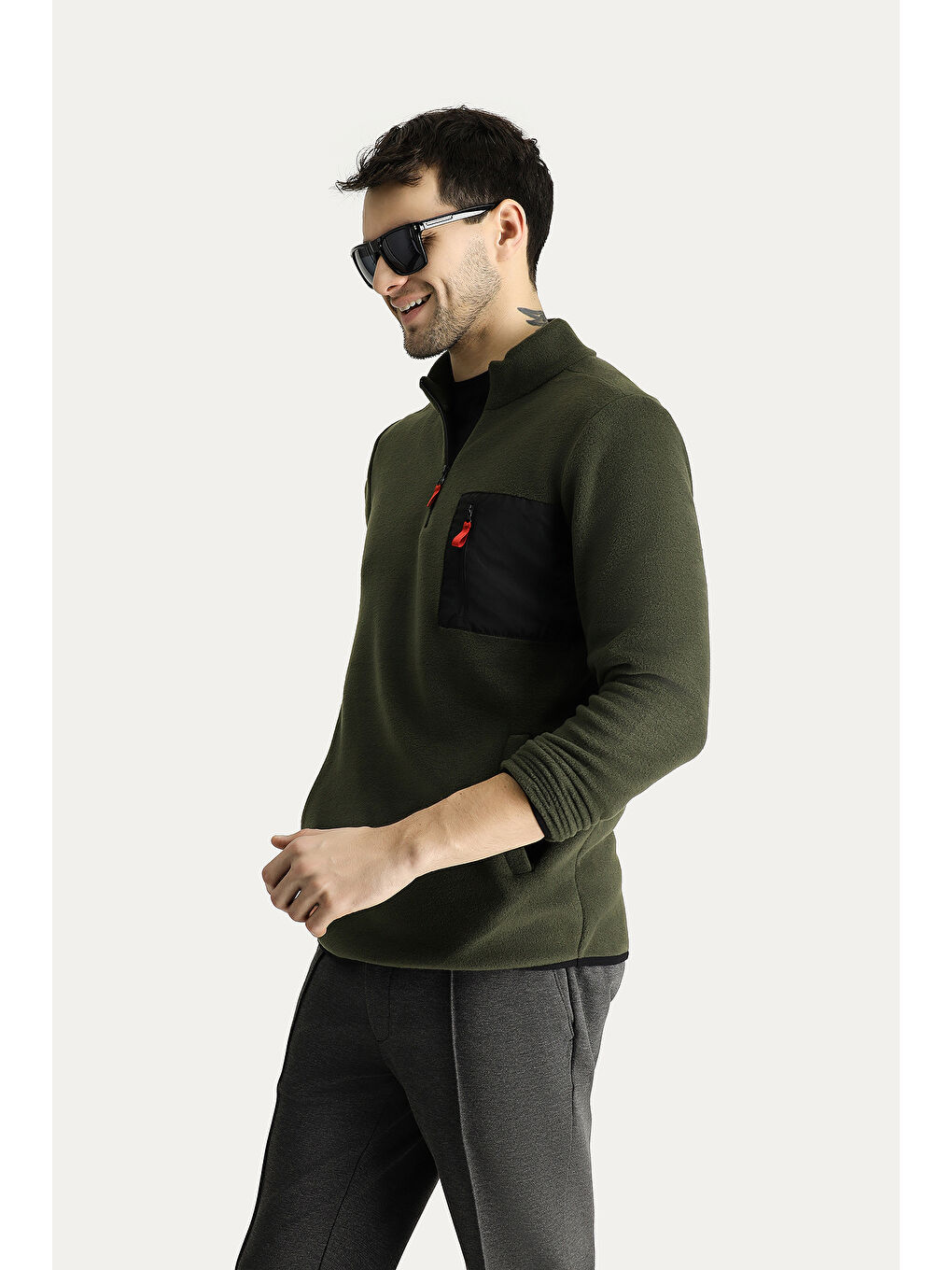 Haki Yarım Fermuarlı Polar Büyük Beden Sweatshirt