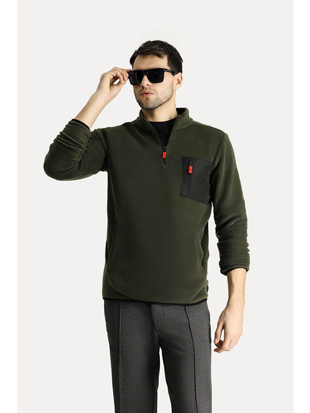 Haki Yarım Fermuarlı Polar Büyük Beden Sweatshirt-1