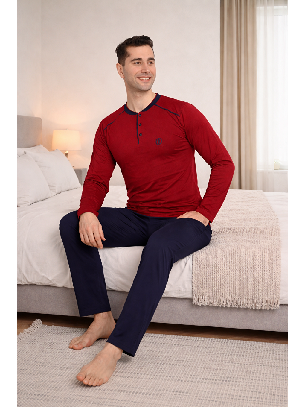 Bordo PREMIUM Erkek %100 Doğal Pamuk Biyeli Yüksek Kaliteli Düğmeli Uzun Kollu Pijama Takımı