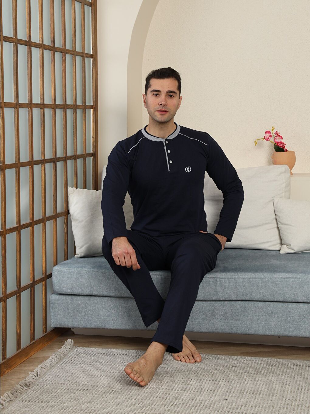 Lacivert PREMIUM Erkek %100 Doğal Pamuk Biyeli Yüksek Kaliteli Düğmeli Uzun Kollu Pijama Takımı-2