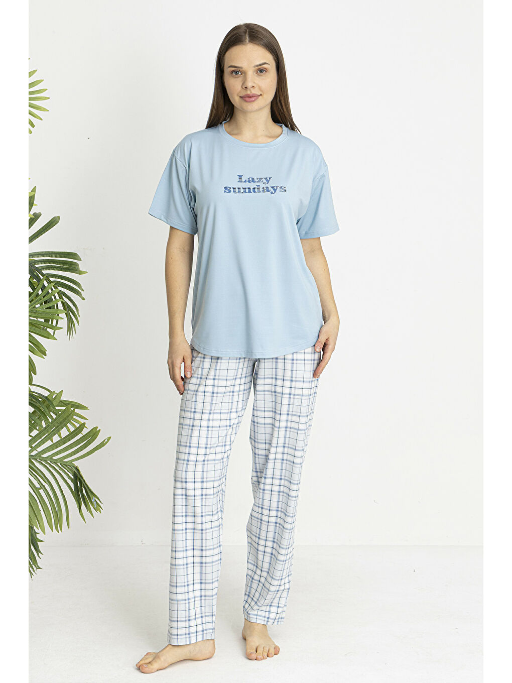 Kadın Süprem Kumaş Kısa Kol Pijama Takımı 26194 Bebe Mavisi-2