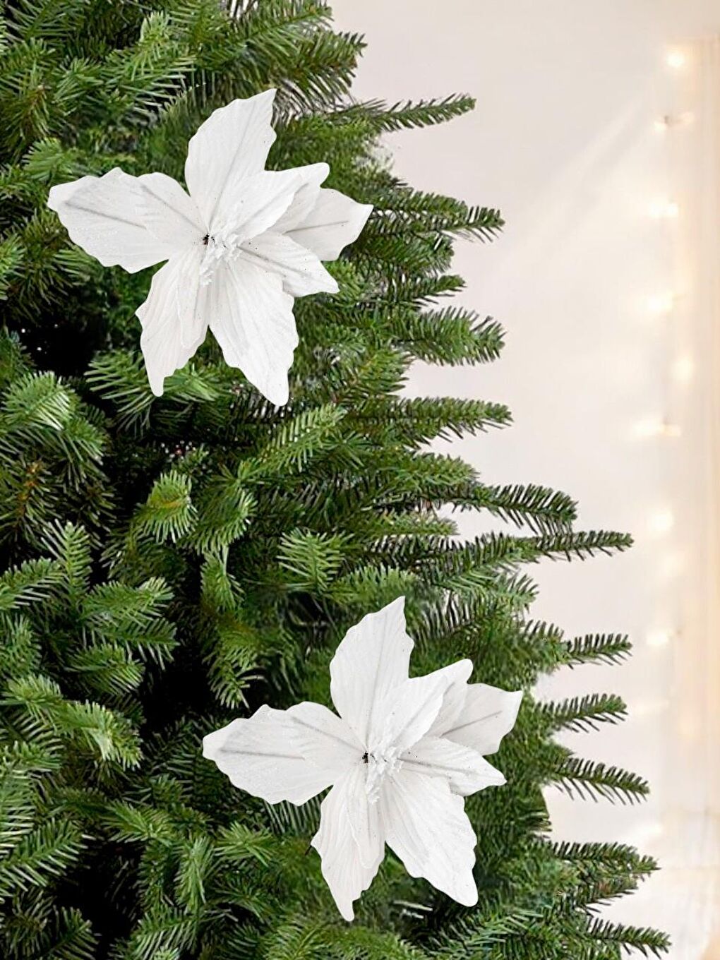 Yılbaşı Ağacı Dekor Süsü Simli Puansetya Atatürk Çiçeği Beyaz 20 cm