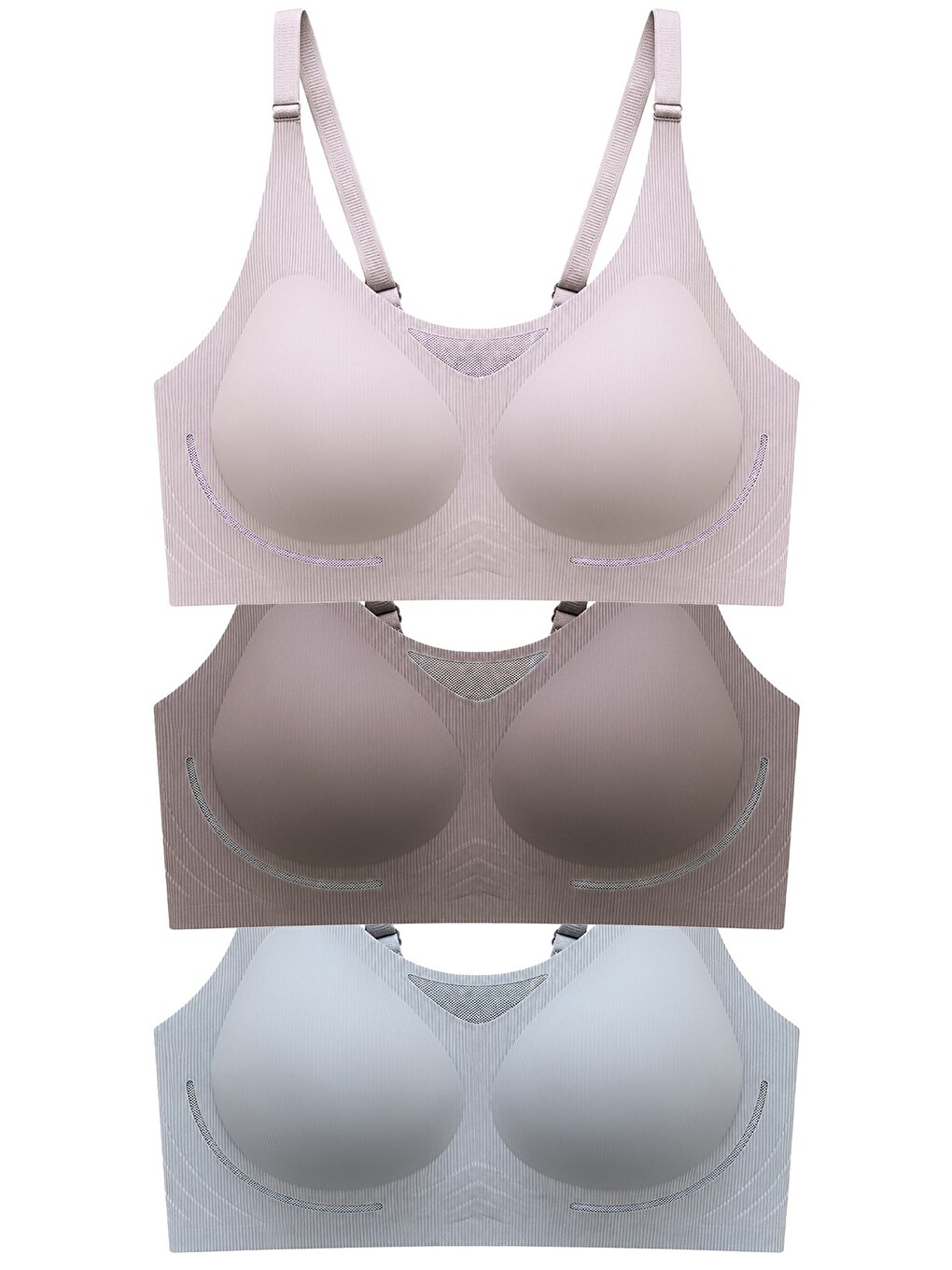 Kahverengi Seamless Bra - Avena | Lazer Kesim Balensiz Çizgi Dokulu Tül Detaylı Kadın Sütyen 3'Lü Paket