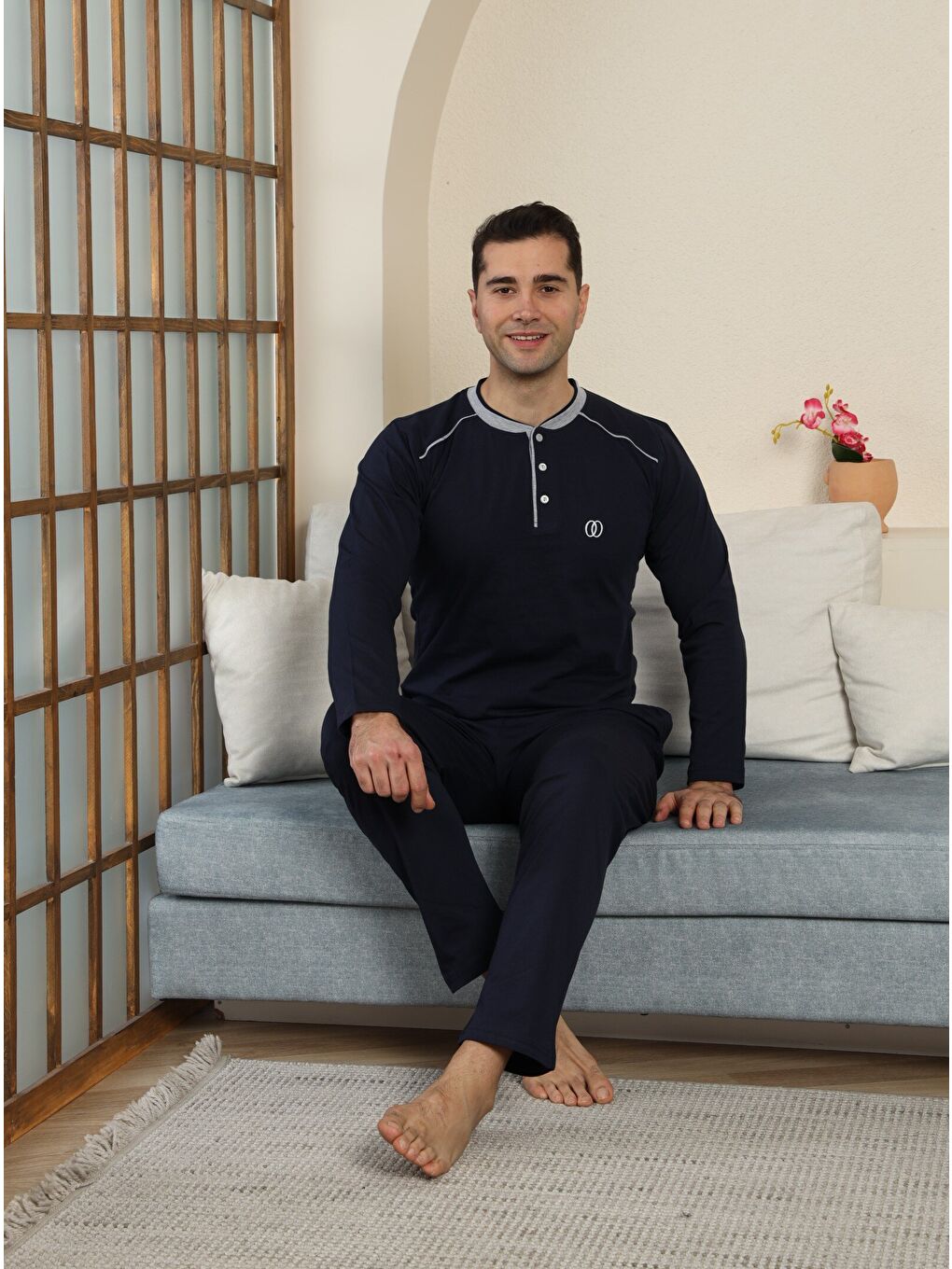 Lacivert PREMIUM Erkek %100 Doğal Pamuk Biyeli Yüksek Kaliteli Düğmeli Uzun Kollu Pijama Takımı-3