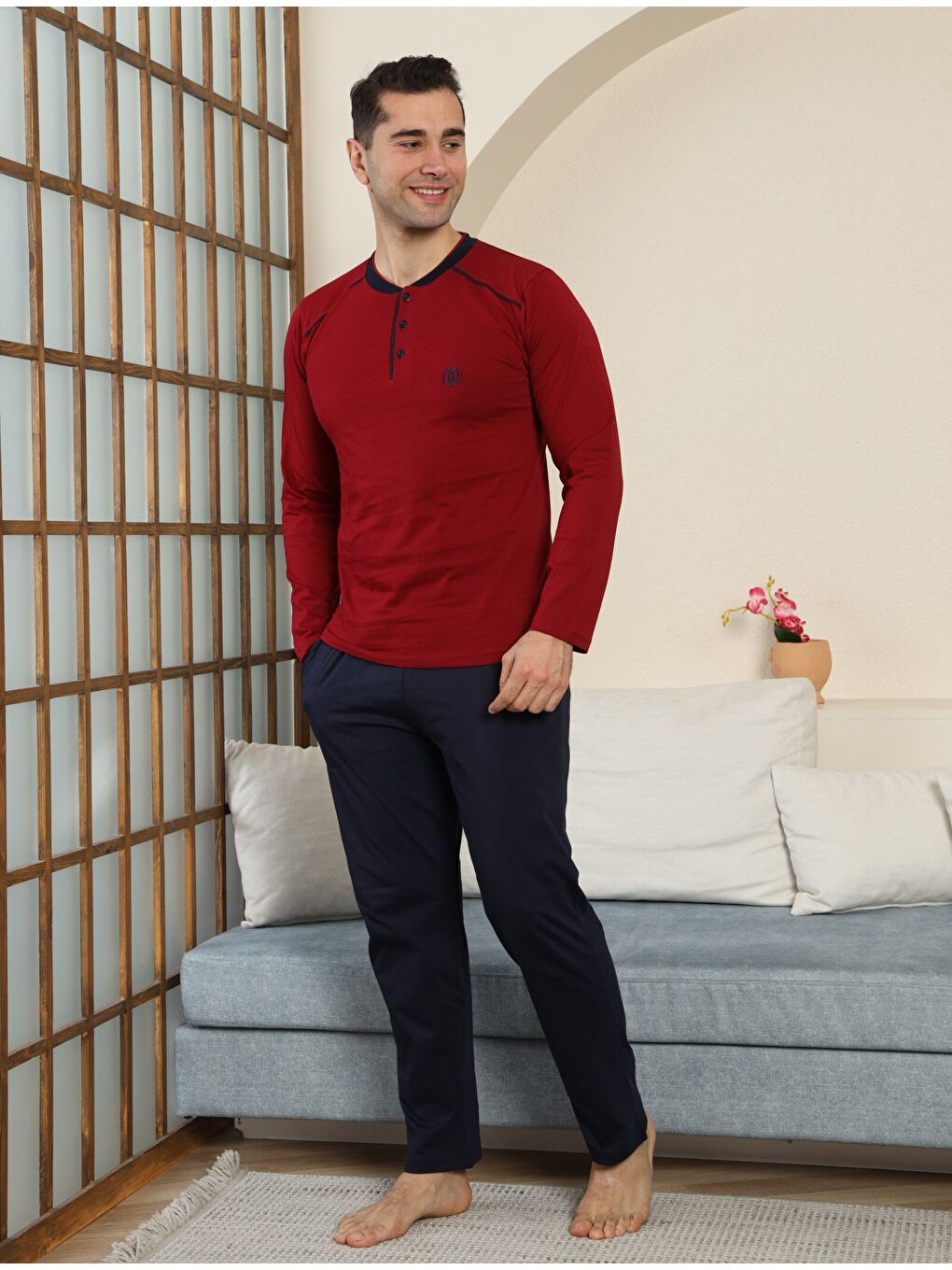 Bordo PREMIUM Erkek %100 Doğal Pamuk Biyeli Yüksek Kaliteli Düğmeli Uzun Kollu Pijama Takımı-1