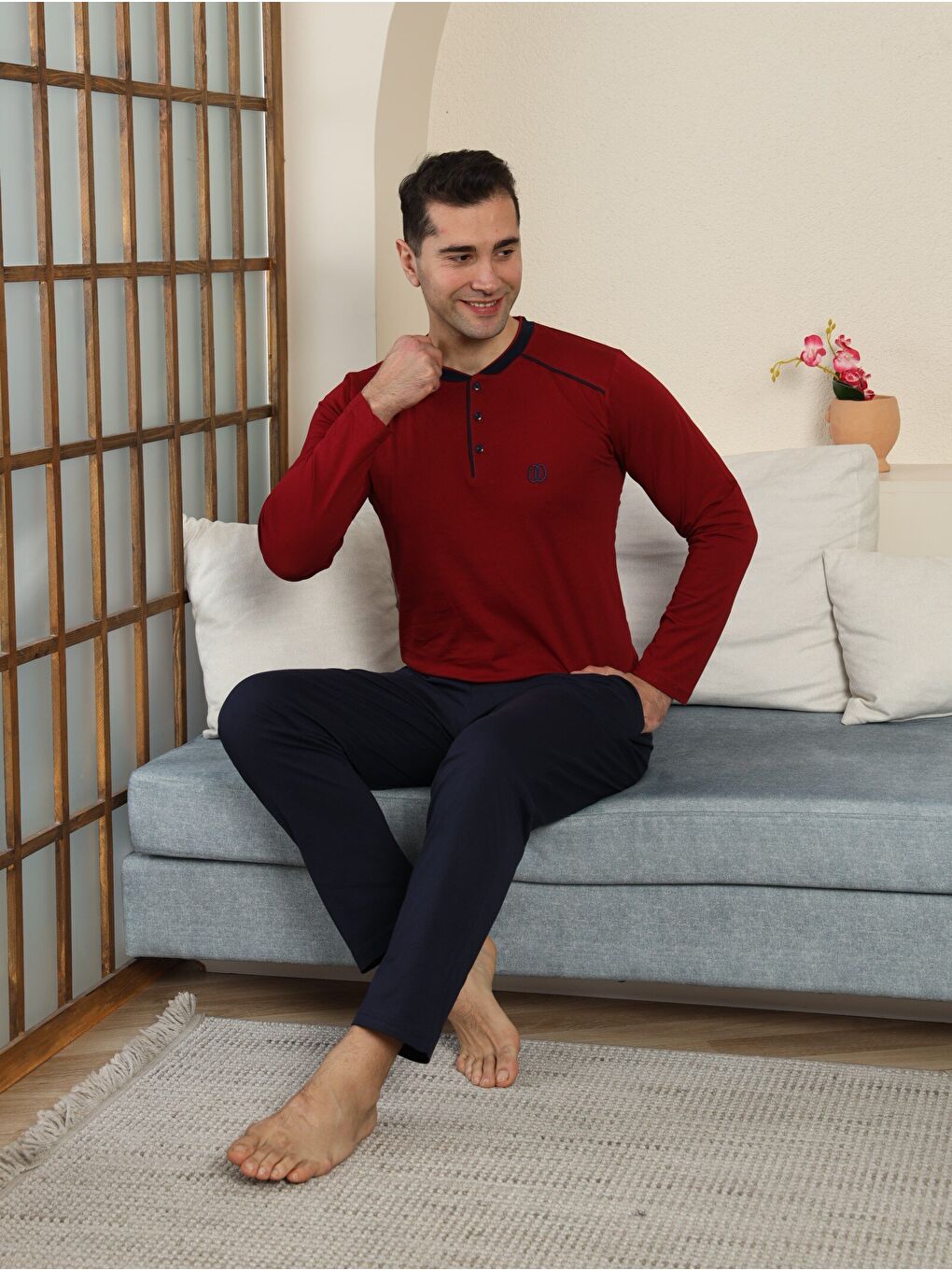 Bordo PREMIUM Erkek %100 Doğal Pamuk Biyeli Yüksek Kaliteli Düğmeli Uzun Kollu Pijama Takımı-2