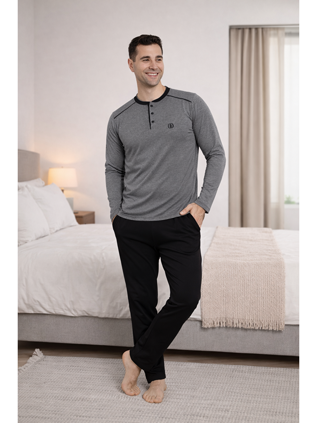 Gri PREMIUM Erkek %100 Doğal Pamuk Biyeli Yüksek Kaliteli Düğmeli Uzun Kollu Pijama Takımı