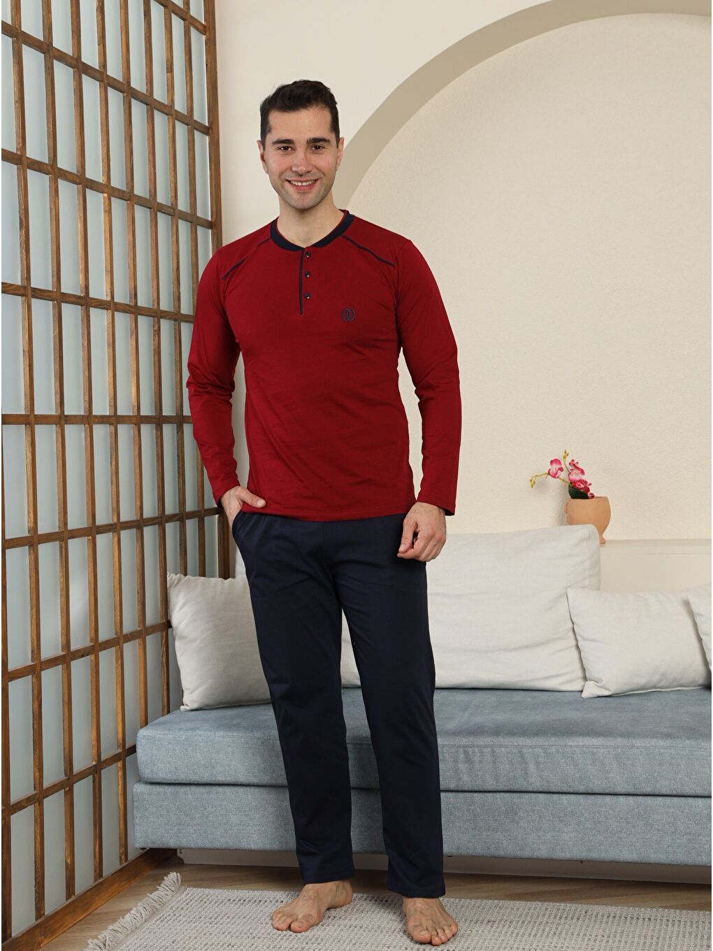 Bordo PREMIUM Erkek %100 Doğal Pamuk Biyeli Yüksek Kaliteli Düğmeli Uzun Kollu Pijama Takımı-3