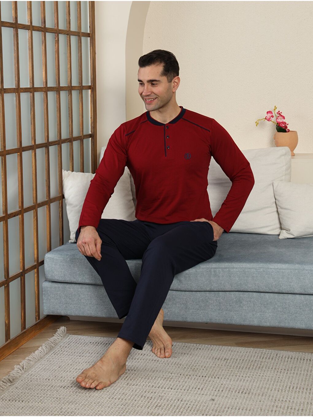Bordo PREMIUM Erkek %100 Doğal Pamuk Biyeli Yüksek Kaliteli Düğmeli Uzun Kollu Pijama Takımı-4