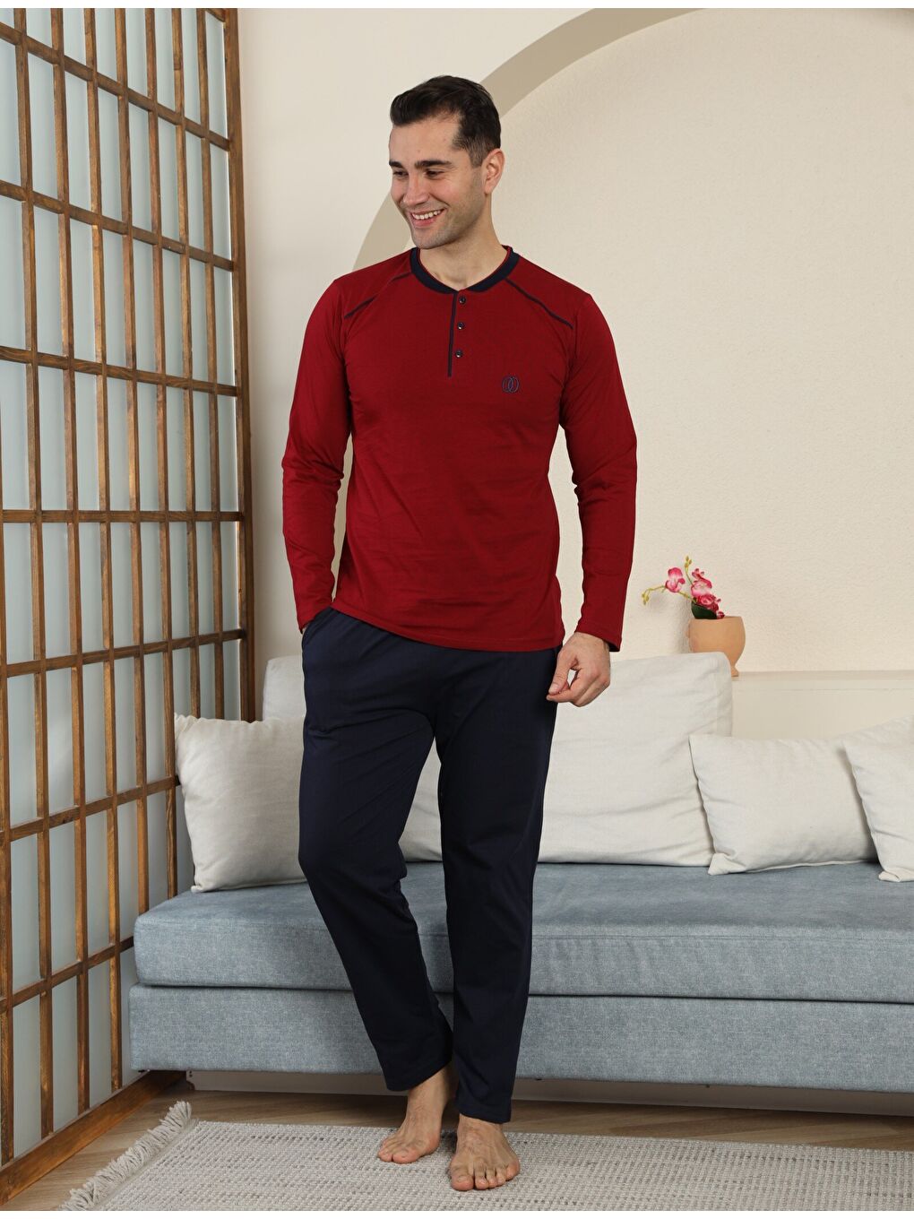 Bordo PREMIUM Erkek %100 Doğal Pamuk Biyeli Yüksek Kaliteli Düğmeli Uzun Kollu Pijama Takımı-5