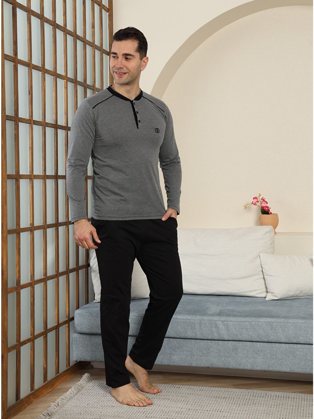 Gri PREMIUM Erkek %100 Doğal Pamuk Biyeli Yüksek Kaliteli Düğmeli Uzun Kollu Pijama Takımı-2