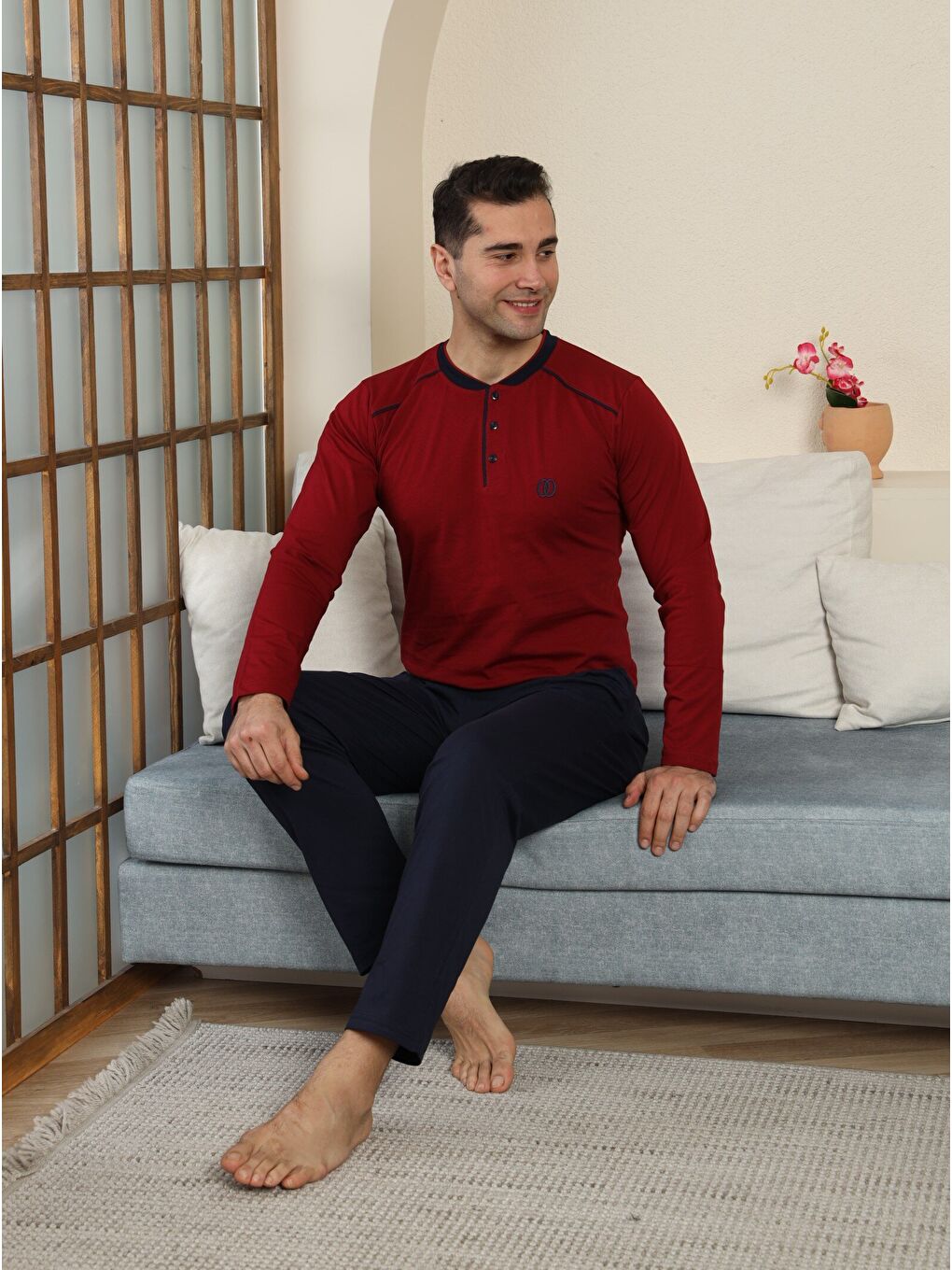 Bordo PREMIUM Erkek %100 Doğal Pamuk Biyeli Yüksek Kaliteli Düğmeli Uzun Kollu Pijama Takımı-6
