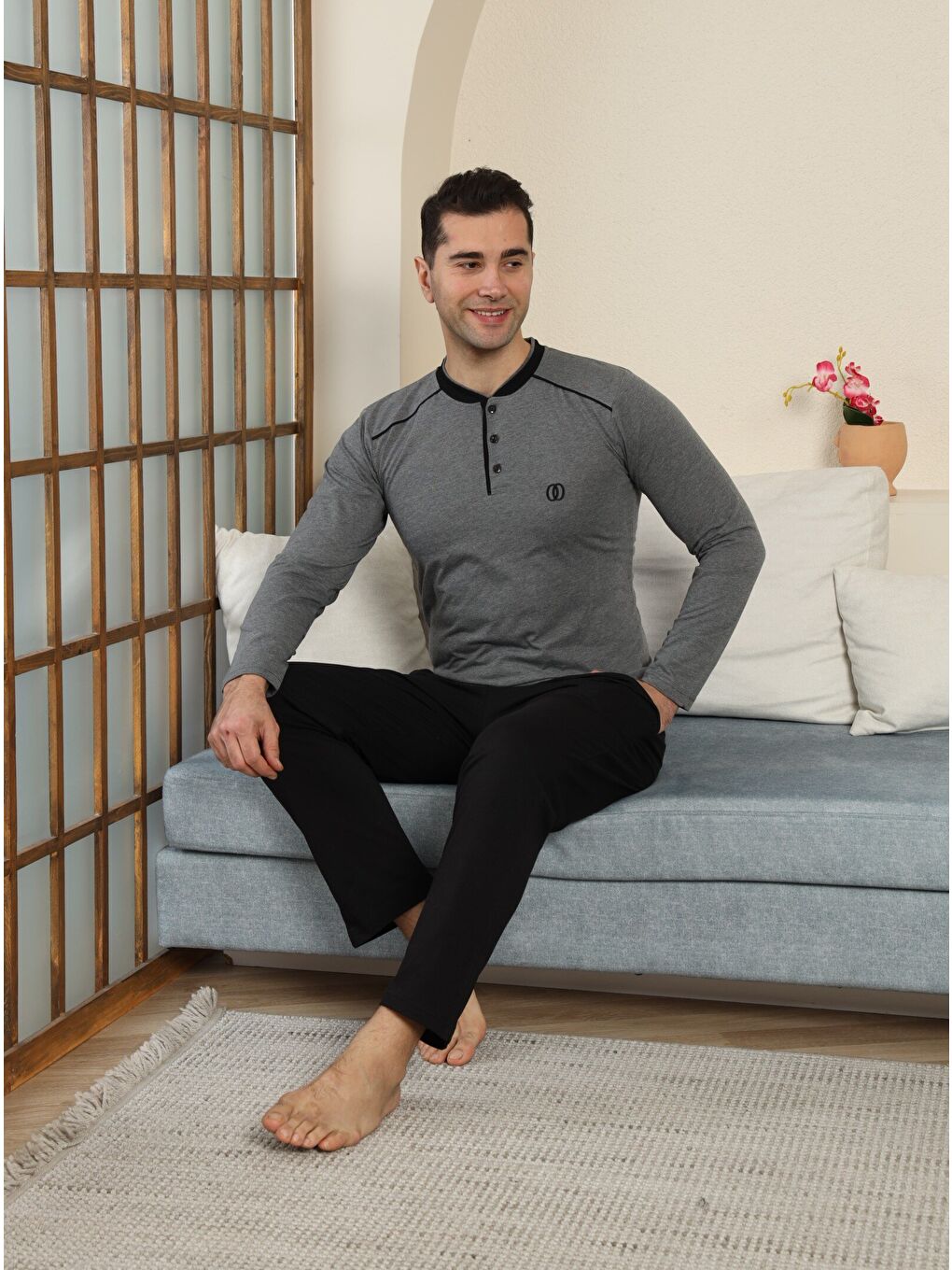 Gri PREMIUM Erkek %100 Doğal Pamuk Biyeli Yüksek Kaliteli Düğmeli Uzun Kollu Pijama Takımı-3