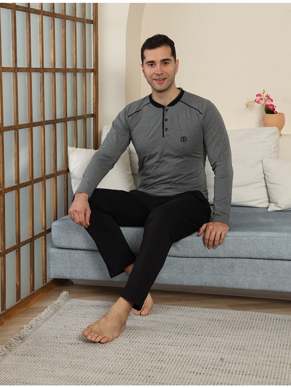 Gri PREMIUM Erkek %100 Doğal Pamuk Biyeli Yüksek Kaliteli Düğmeli Uzun Kollu Pijama Takımı-4