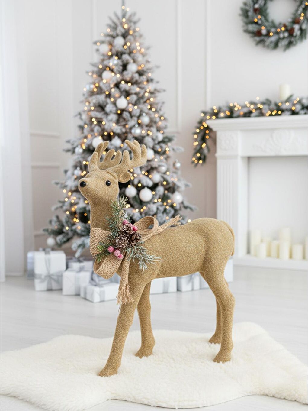 Kahverengi Yılbaşı Dekor Süsü Dekoratif Kurdeleli Flok Kaplama Geyik 32x46 cm