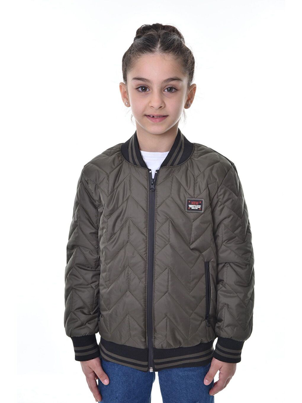 Haki Kız Çocuk Kolej Yaka Astarlı Su Ve Rüzgar Geçirmez Fermuarlı Mont Ceket