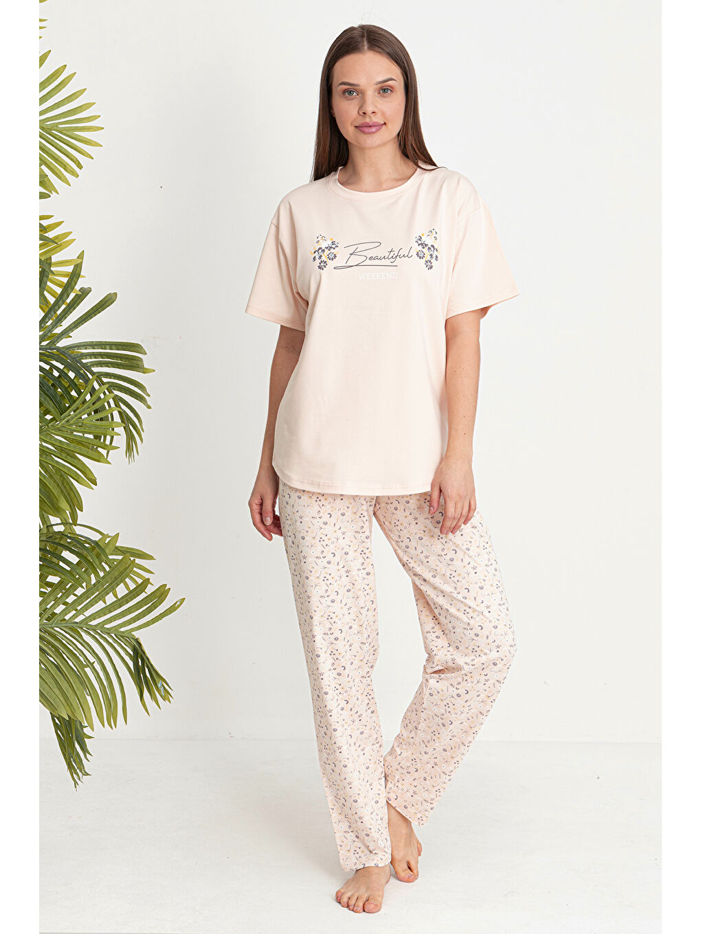 Pembe Kadın Süprem Kumaş Kısa Kol Pijama Takımı 26191 Somon