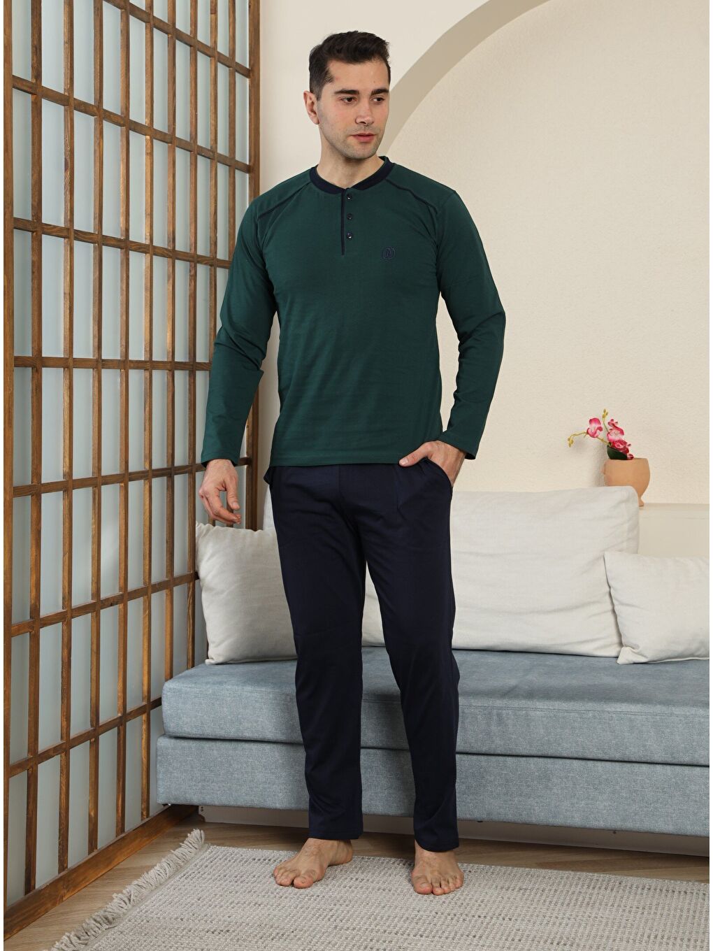 Haki PREMIUM Erkek %100 Doğal Pamuk Biyeli Yüksek Kaliteli Düğmeli Uzun Kollu Pijama Takımı-1