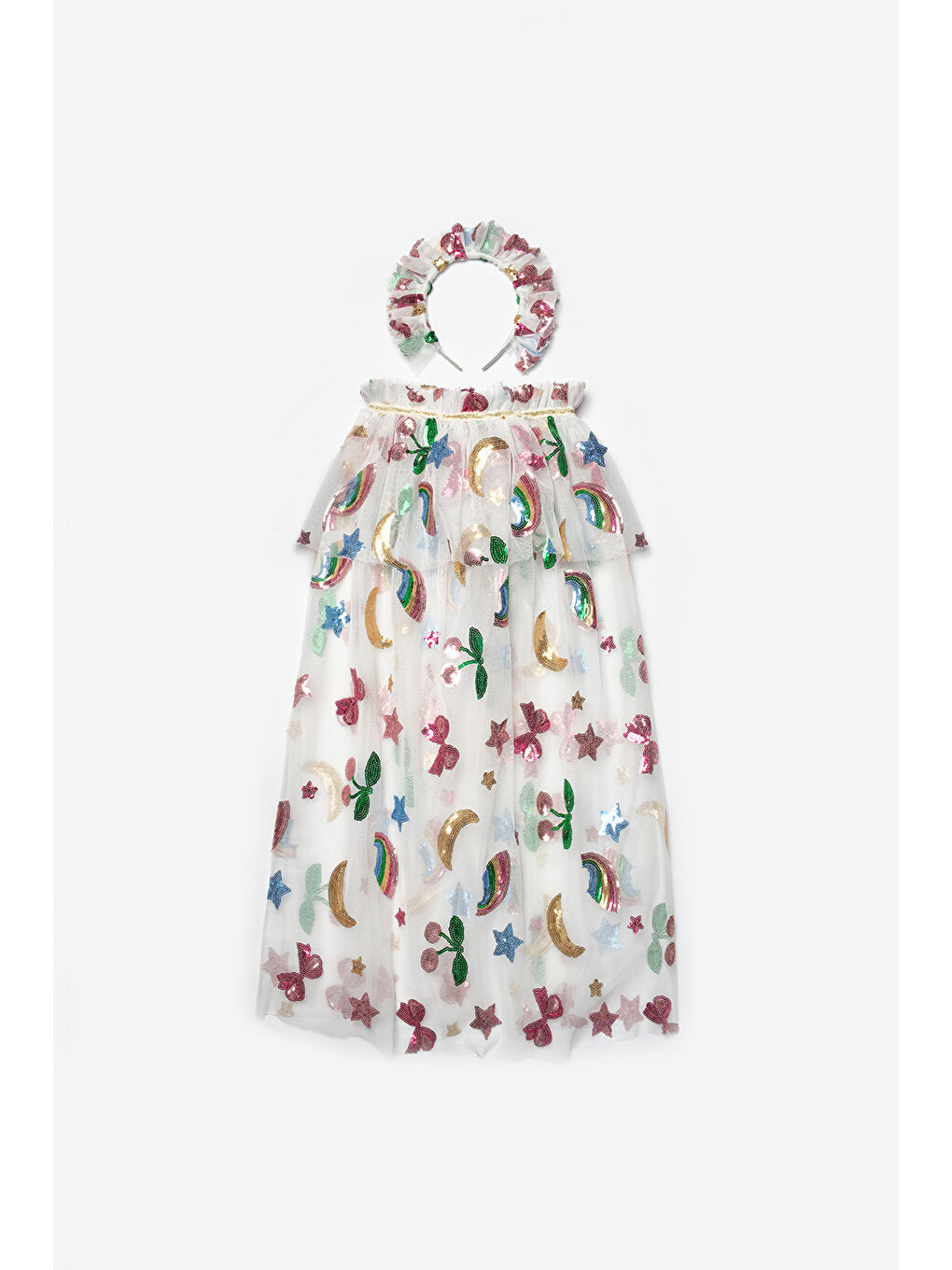 Beyaz Pullu ve Kiraz Desenli Kız Çocuk Parti Pelerin Taç Set-3