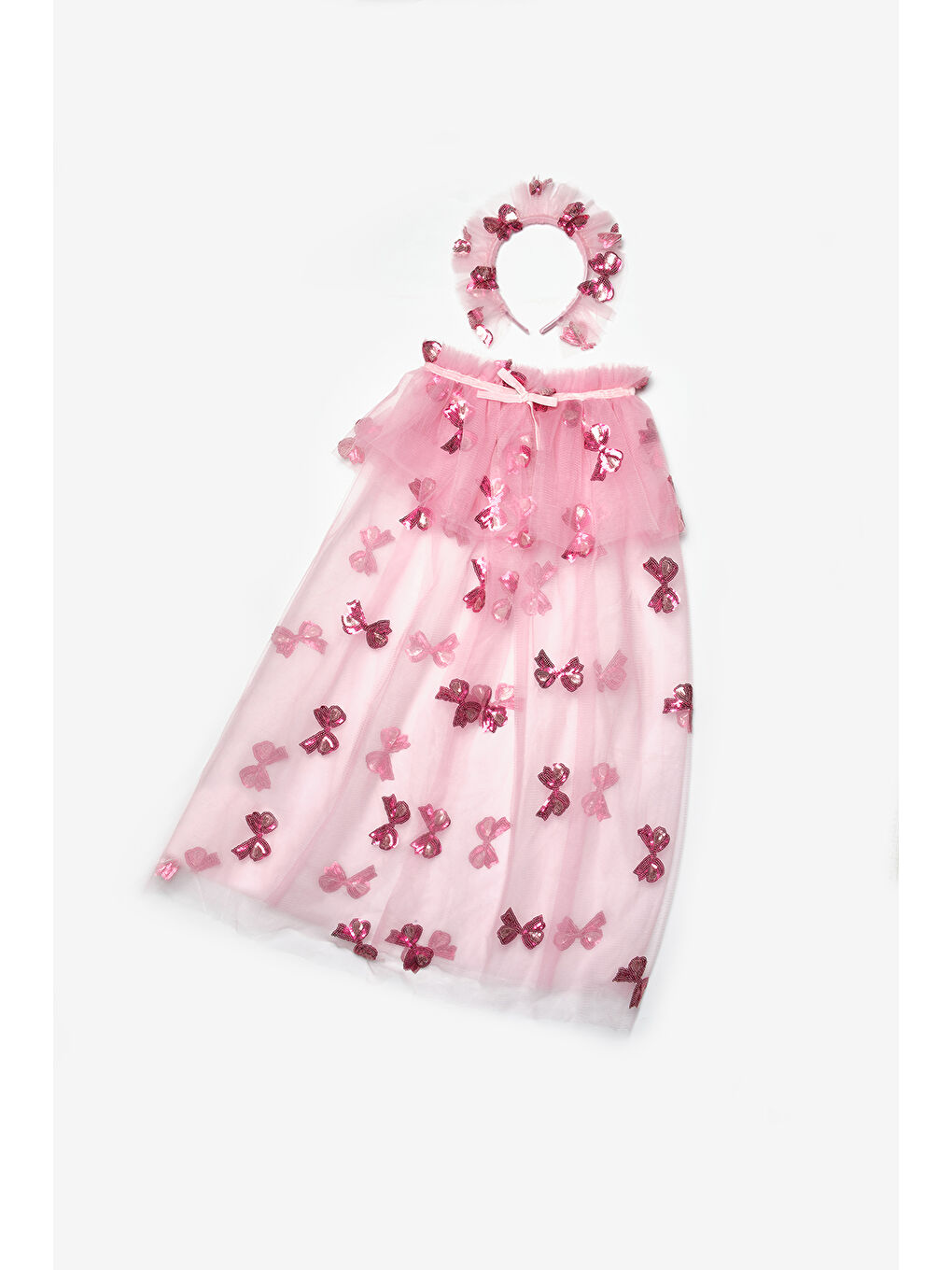 Pembe Pullu Fiyonk Desenli Kız Çocuk Parti Pelerin Taç Set-2