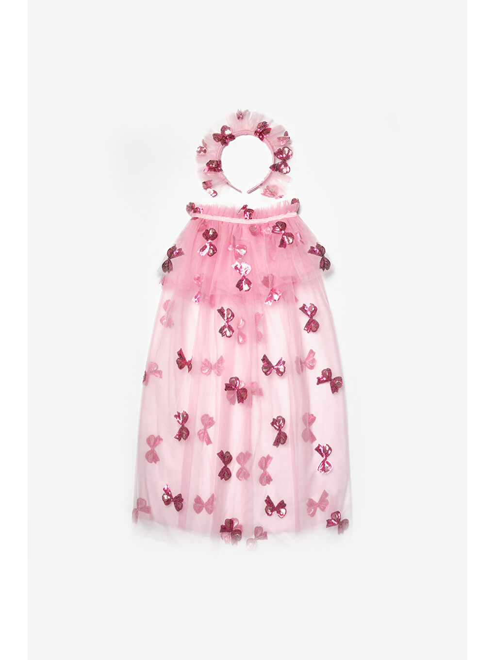 Pembe Pullu Fiyonk Desenli Kız Çocuk Parti Pelerin Taç Set-3